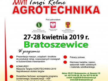 Zaproszenie na XXVII Targi Rolne Agrotechnika w Bratoszewicach, Źródło: ŁODR W Bratoszewicach